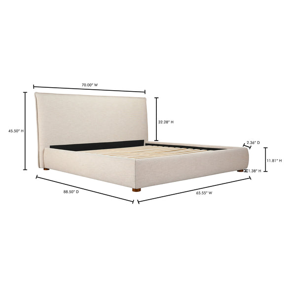 Queen wheat upholstered bed with tall headboard and low platform base