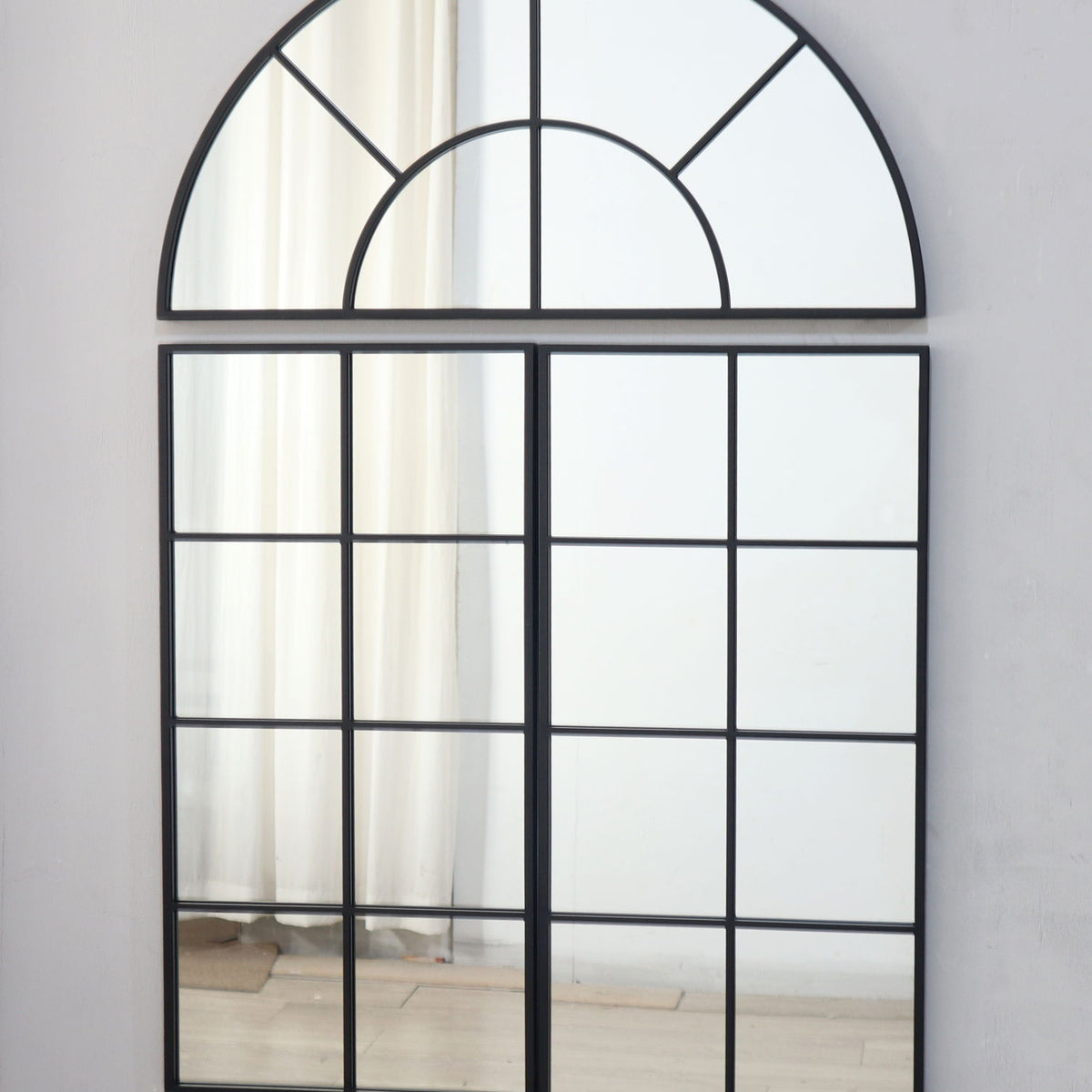 Large Arched Wall Mirror With 3 Separate Sections - Black