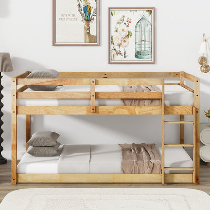 Solid Wooden, Solid Rubber Wooden Twin over Twin Floor Bunk Bed with Ladder, with Bed Platform of Strengthened Slats, Natural