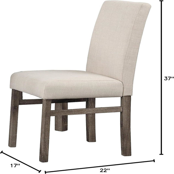 Beige upholstered dining chair, side view, tall back and padded seat with wooden legs
