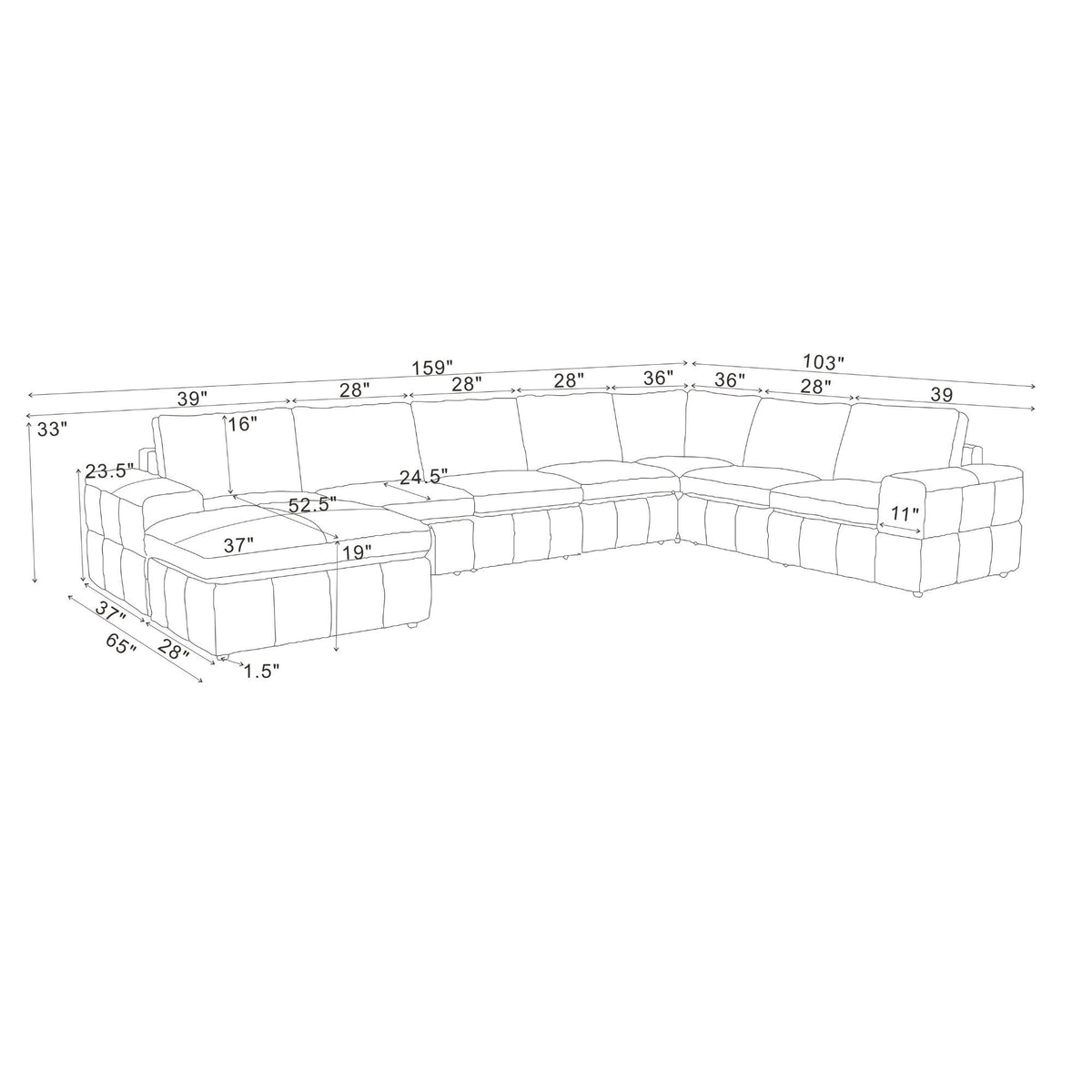 Modular sectional sofa dimension diagram with labeled widths and ottoman section