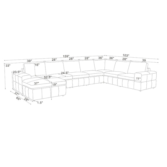 Modular sectional sofa dimension diagram with labeled widths and ottoman section