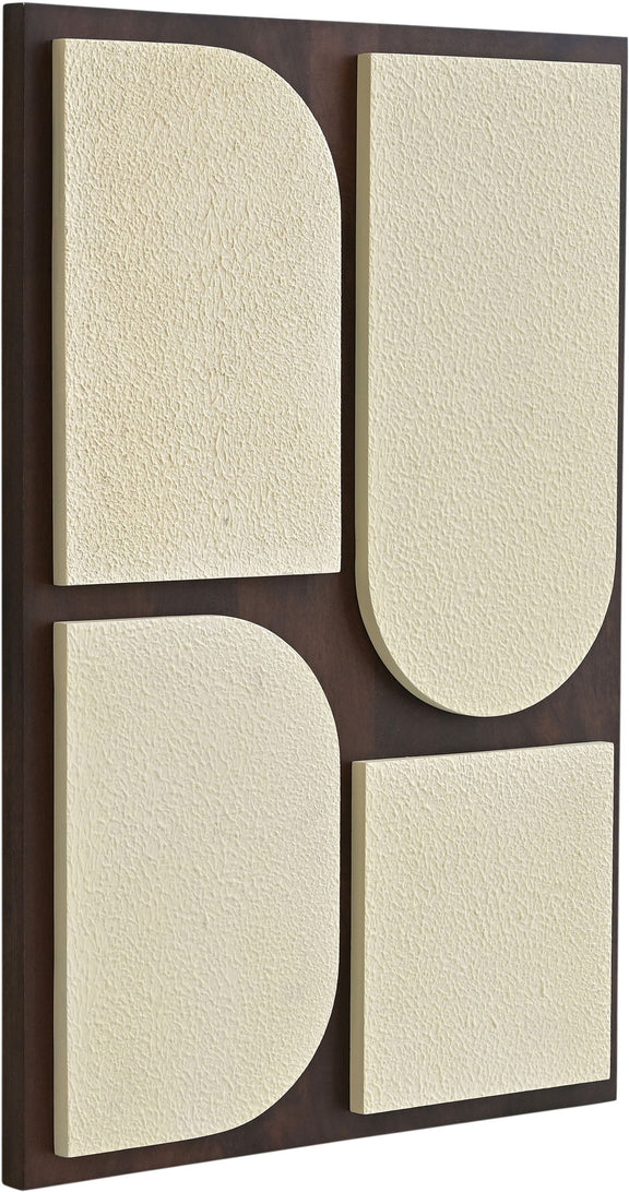 Four-piece wall art featuring brown frame and textured off-white rounded rectangles