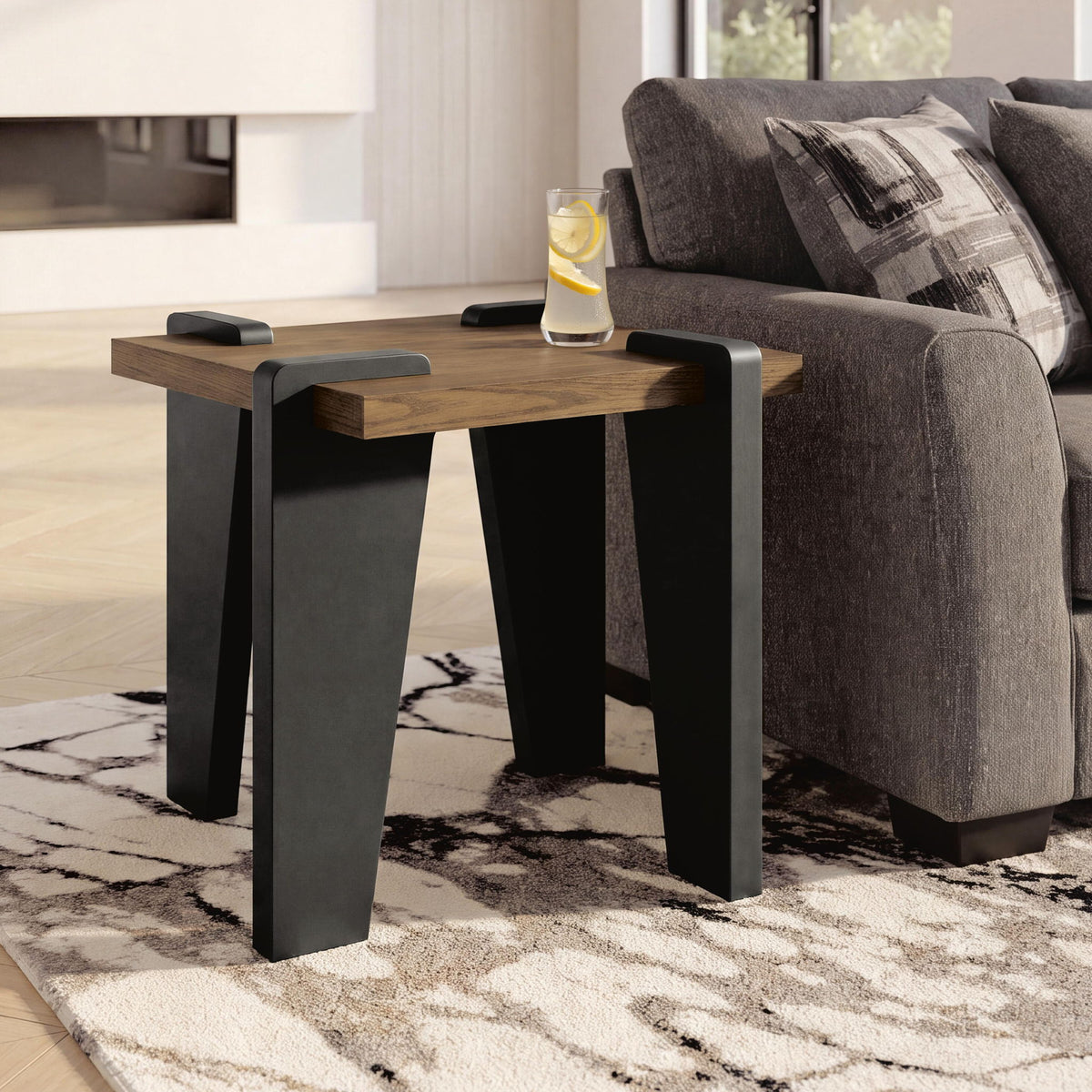 Rectangular side table with walnut wood top, black legs, and open lower shelf