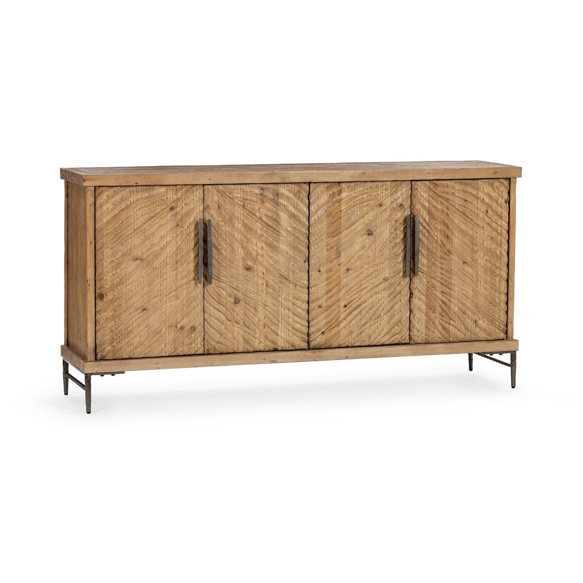 Edison wood cabinet with four doors and vertical metal handles, sandy brown finish