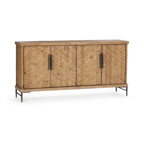 Edison wood cabinet with four doors and vertical metal handles, sandy brown finish