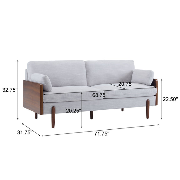 Light gray mid-century sofa with dark wood arms; dimensions graphic on image