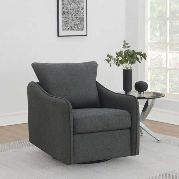 Dark gray upholstered swivel chair with padded seat, arms, and back