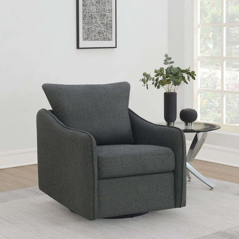 Dark gray upholstered swivel chair with padded seat, arms, and back