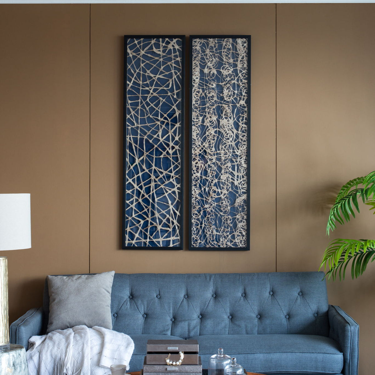 Rectangular Shaped Rice Paper Shadow Box Decor Wall Art, Transitional Style Wall Decor (Set of 2) - White / Blue