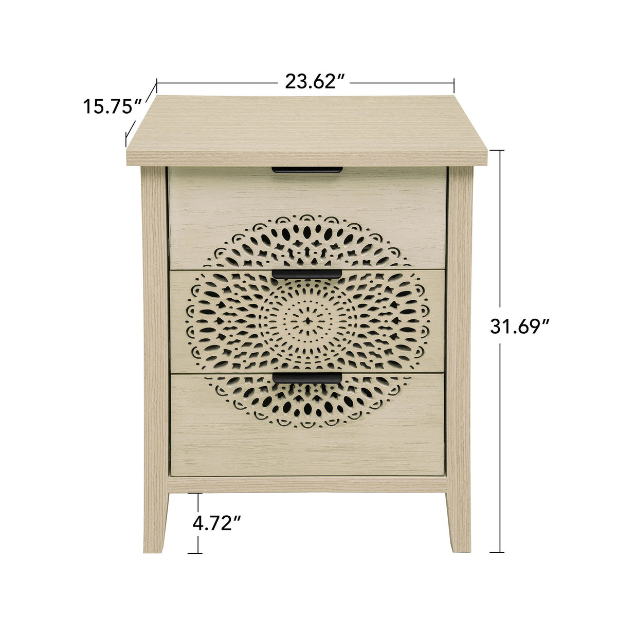 Hollow Carved 3 Drawer Cabinet Dresser Storage Chest With Metal Handles For Living Room Bedroom - Natural