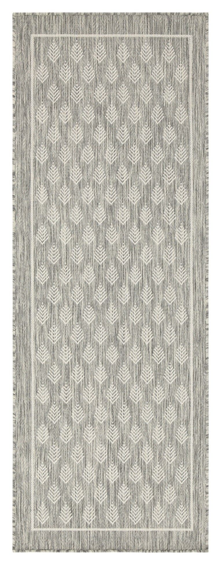Light gray indoor/outdoor area rug with repeating diamond pattern and fringe edge