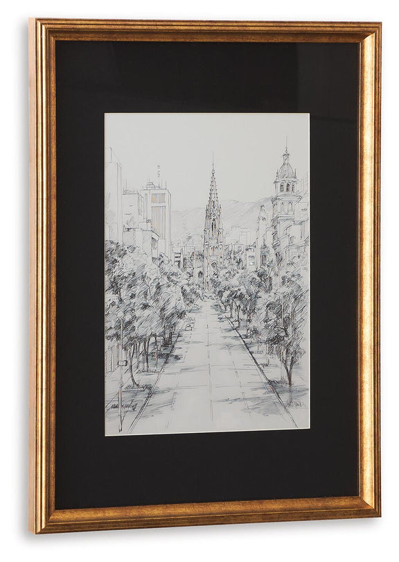 Wood-framed black-mat cityscape line drawing wall art