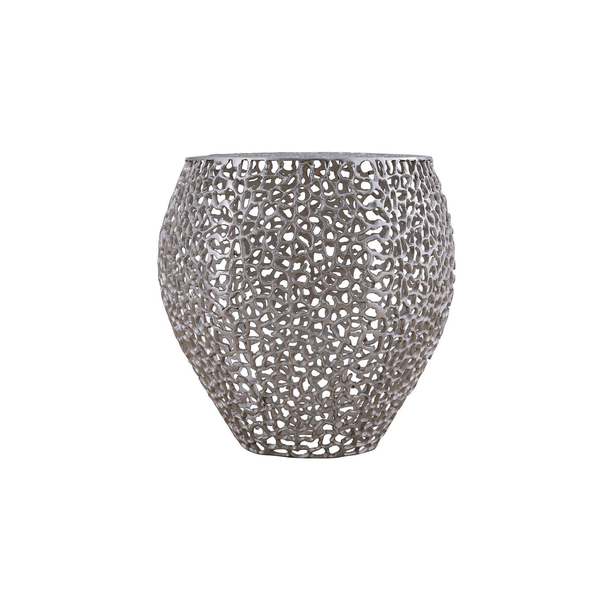 Silver openwork side table with a rounded body and flat top