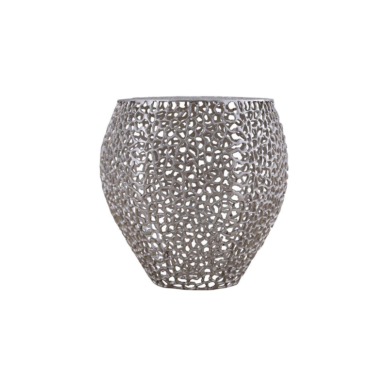 Silver openwork side table with a rounded body and flat top