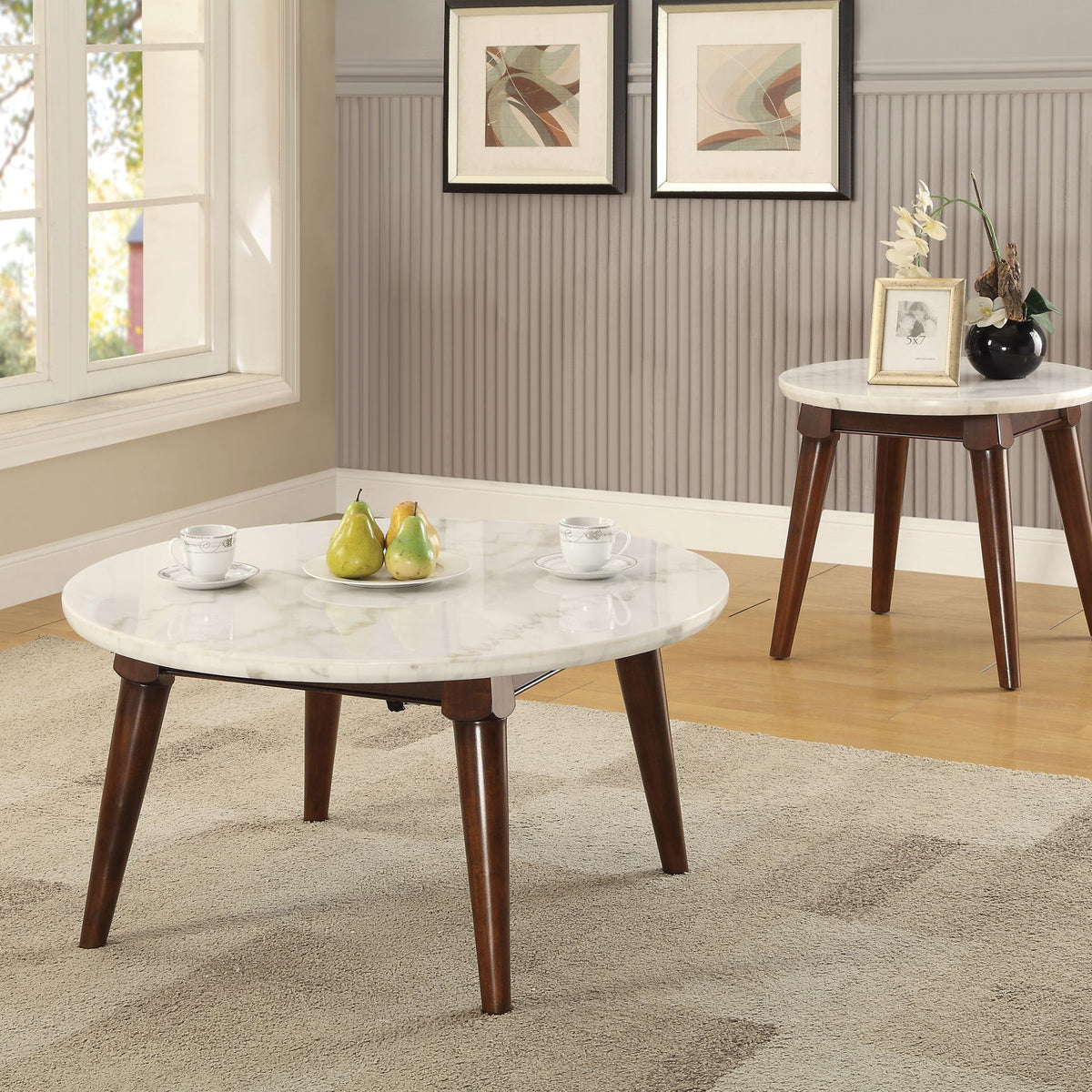 Gasha - Coffee Table - White Marble / Walnut