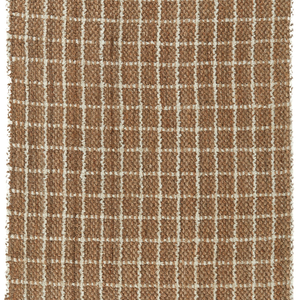 Chenille area rug showing ivory and natural windowpane plaid, dense chenille weave
