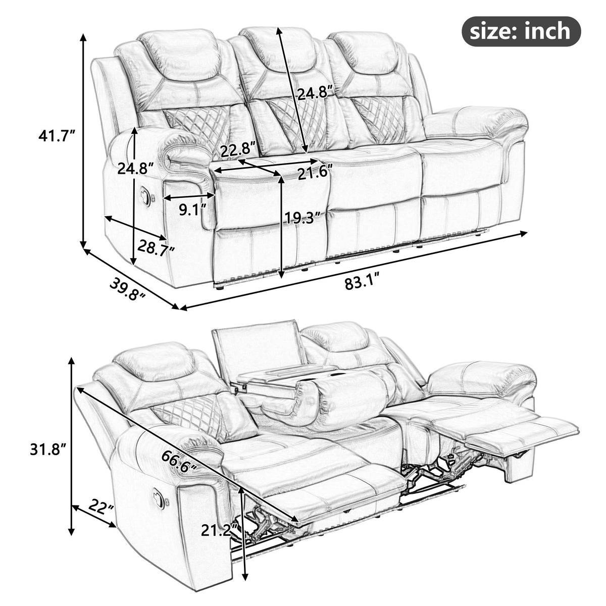 Red leather recliner chair with size and measurement guide diagram.