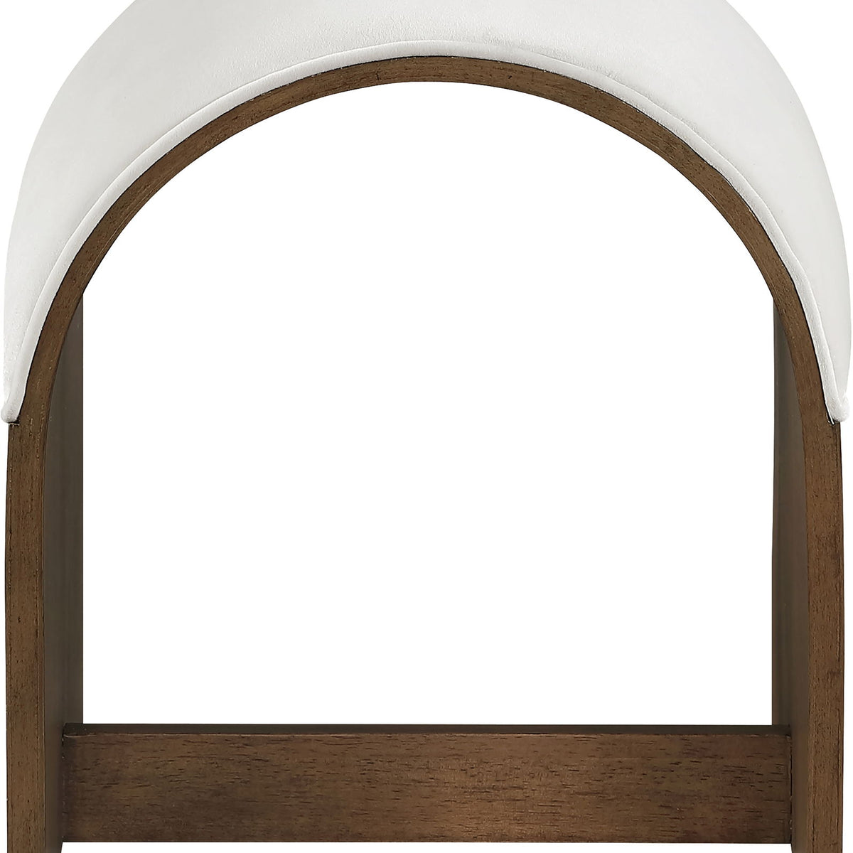 White velvet upholstered bench end with arched back and dark wood frame
