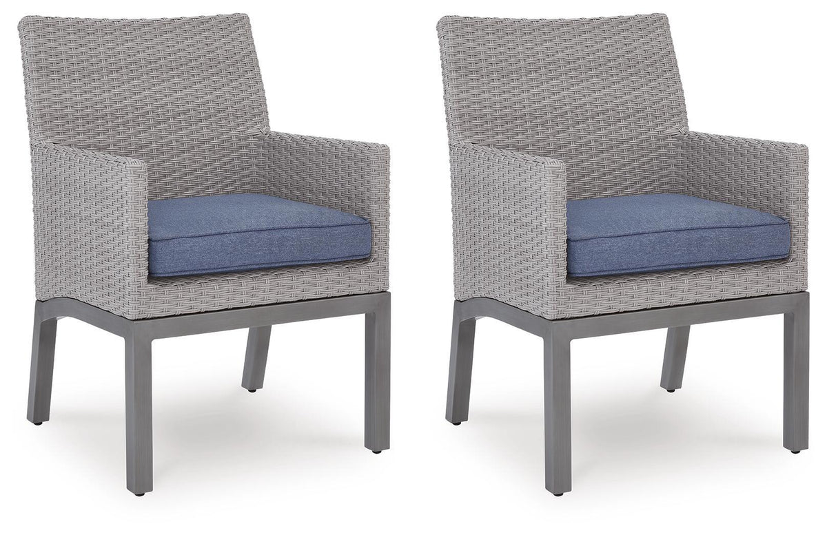 Set of 2 woven arm chairs with blue cushions, gray frames, side-by-side view