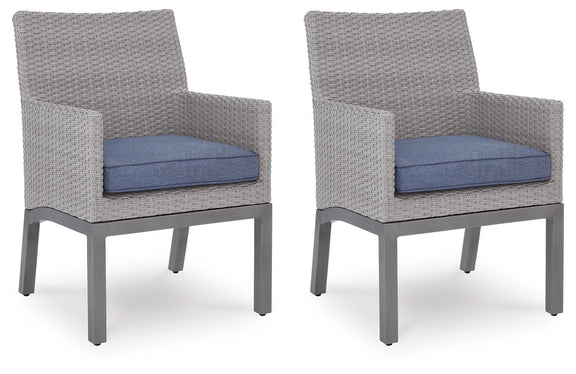 Set of 2 woven arm chairs with blue cushions, gray frames, side-by-side view