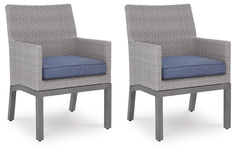 Set of 2 woven arm chairs with blue cushions, gray frames, side-by-side view