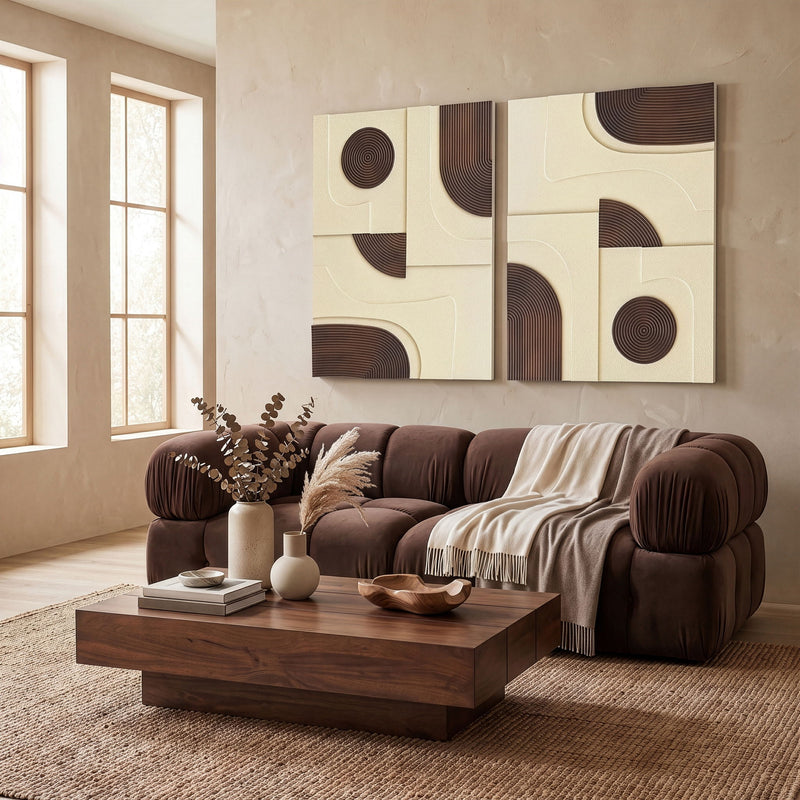 Mango wood wall art panels with circular ring designs in dark and tan tones on textured background