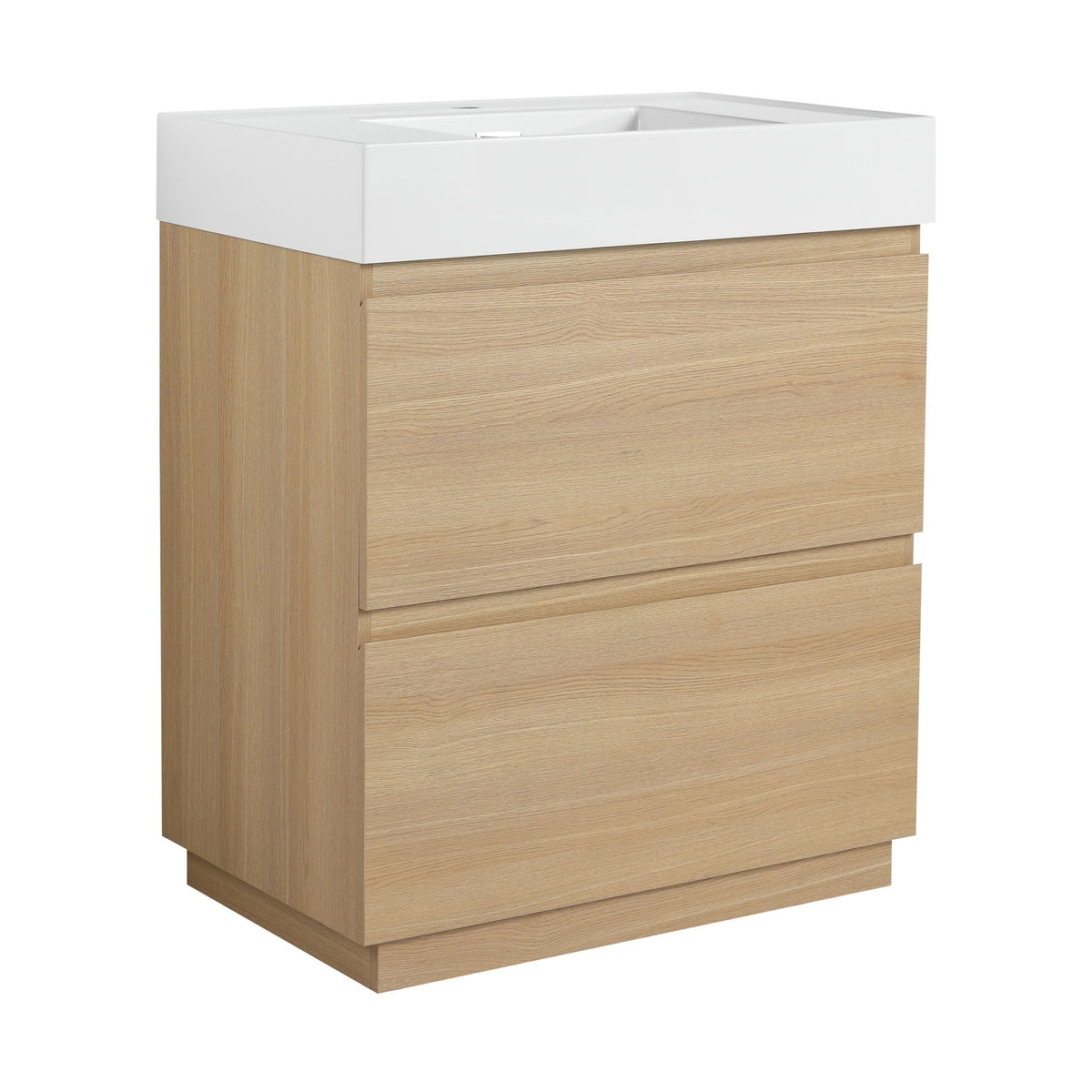 Light brown freestanding bathroom vanity with white single sink basin and two drawer fronts