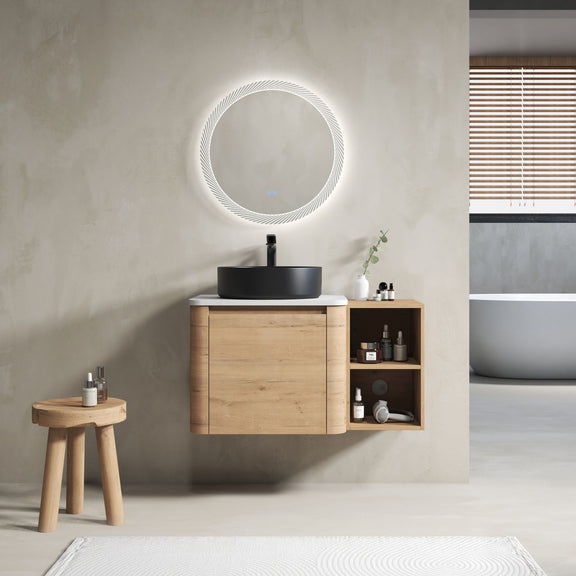 Wall-mounted bathroom vanity with black art sink and open right storage shelf in wood