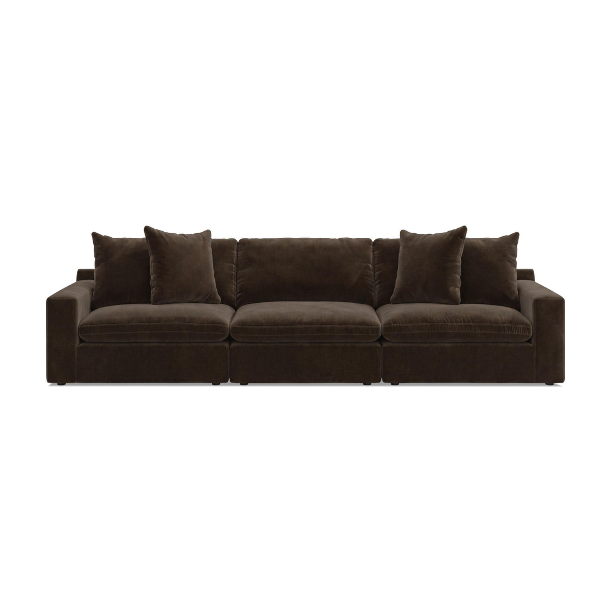 Dark brown 3-seat sectional sofa with four back pillows and three seat cushions