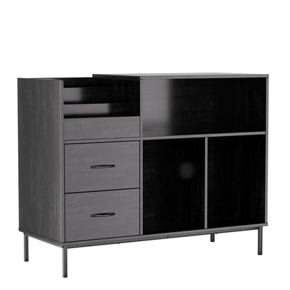 Black record player stand media console with flip-top storage and dustproof drawers