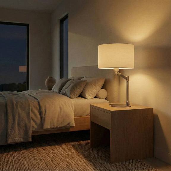Table lamp with white linen shade and brushed nickel base on wooden nightstand