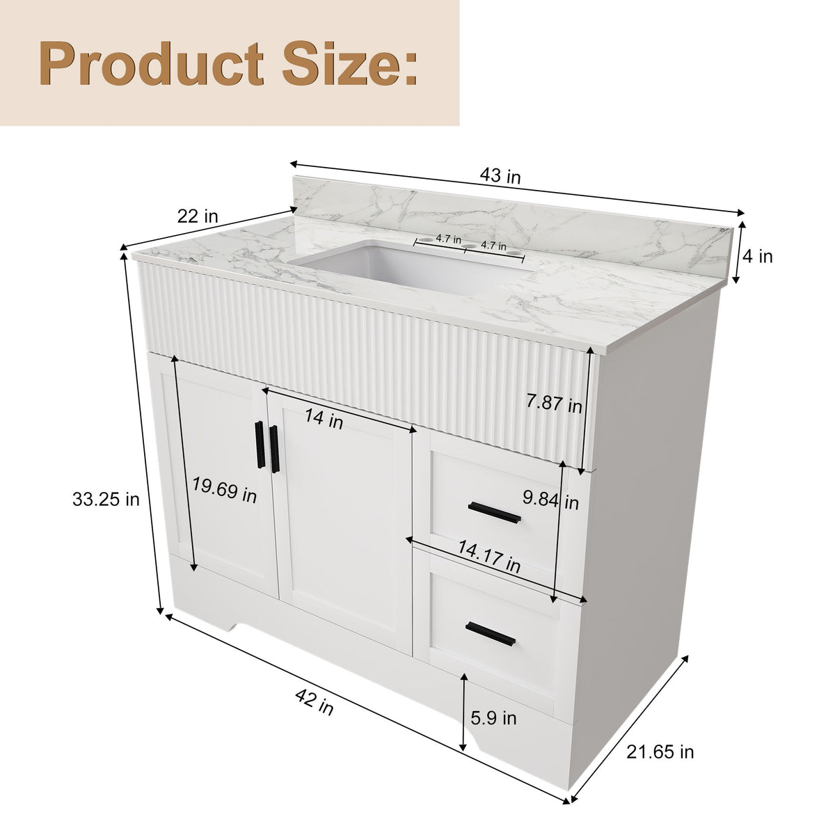White fluted bathroom vanity with sink top, two cabinet doors and two drawers, three faucet holes