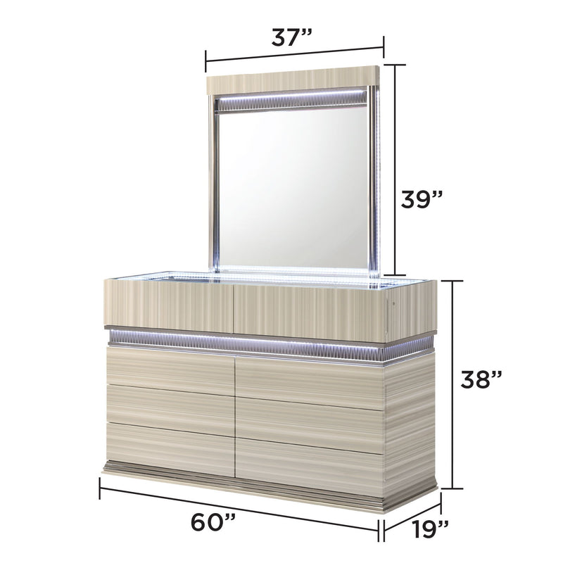 Gray dresser with tall mirror and striped two-door base
