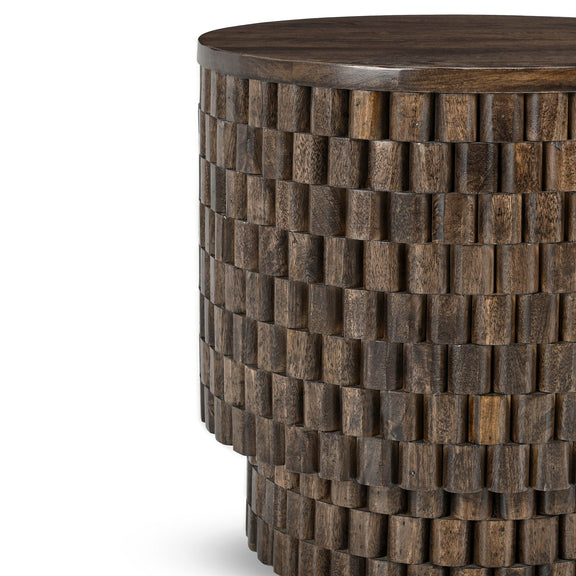 Round end table with woven brown wood block base and flat circular top