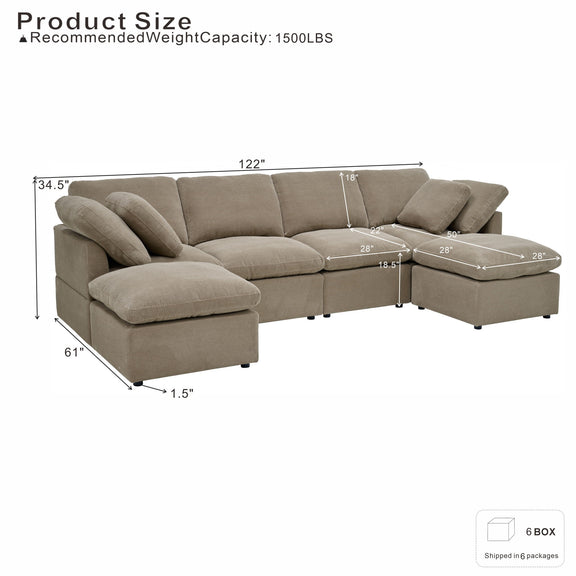 Light brown modular sectional with an ottoman, shown with product measurements.