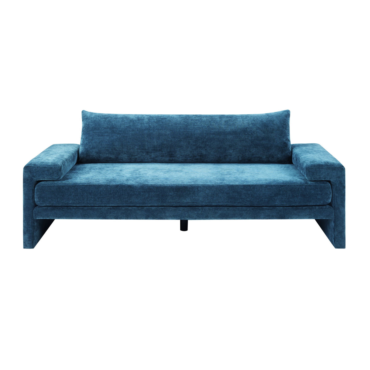 Upholstered 3-seater sofa with wide armrests, blue fabric, straight track arms.