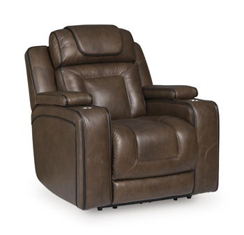 Brown leather power recliner chair with adjustable headrest and cushioned armrests