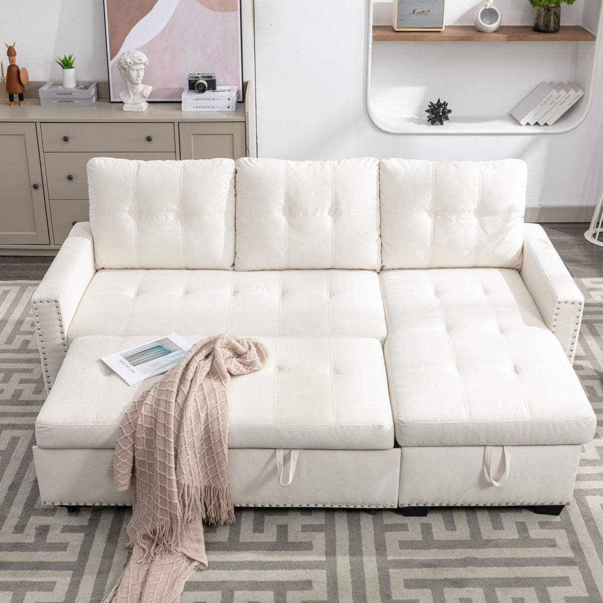Reversible Sectional Storage Sleeper Sofa Bed, L-Shape 2 Seat Sectional Chaise With Storage, Skin-Feeling Velvet Fabric