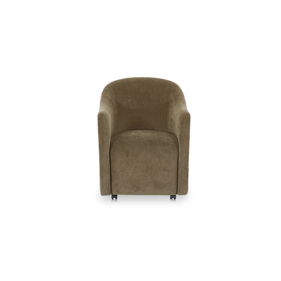 Green rolling dining chair front view with plush seat and rounded back