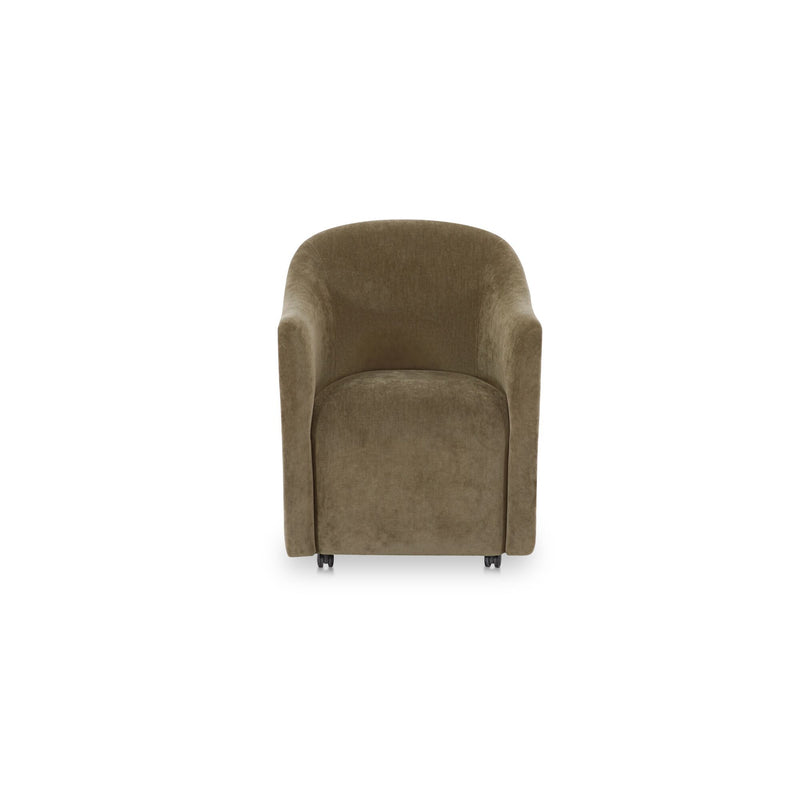 Green rolling dining chair front view with plush seat and rounded back