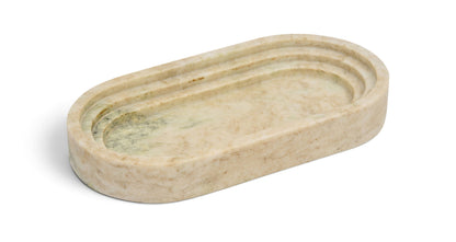 Beige marble oval tray with raised rim and subtle greenish veining