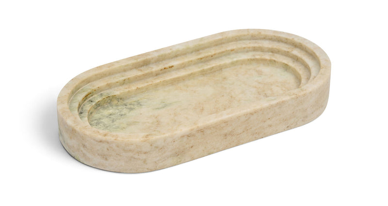 Beige marble oval tray with raised rim and subtle greenish veining