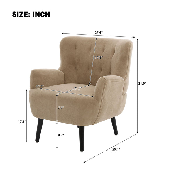 Armchair dimensions diagram with round arms, tufted back, and black legs