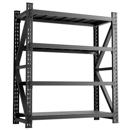 Black steel 4-shelf garage shelving unit with open frame and cross braces