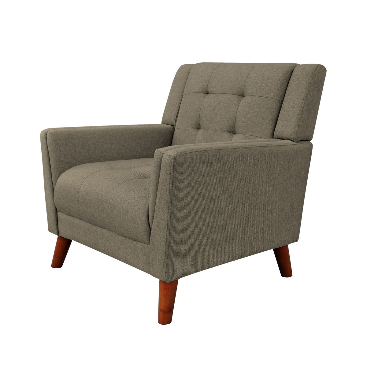 Mocha upholstered armchair with button-tufted back, padded arms, and tapered wooden legs