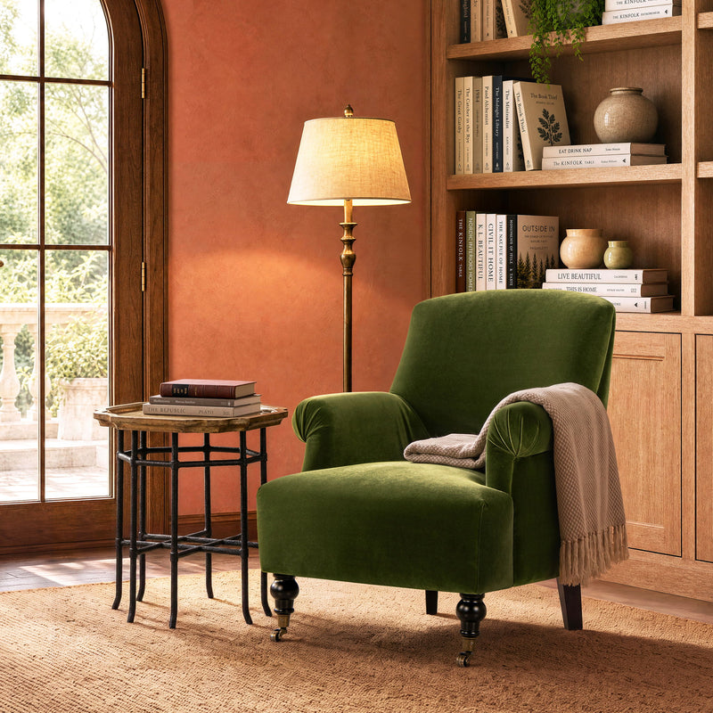 Eloise Design pleated sock-arm accent armchair in green velvet with turned legs
