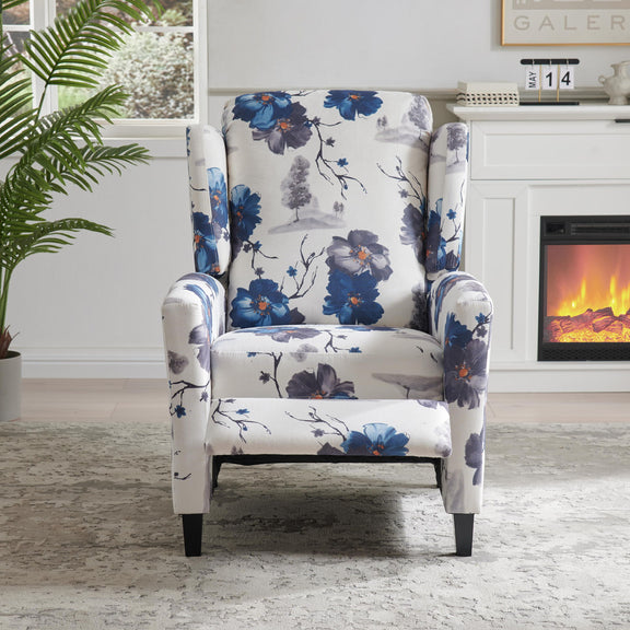 Floral wingback recliner chair with padded arms, blue flower pattern on white fabric