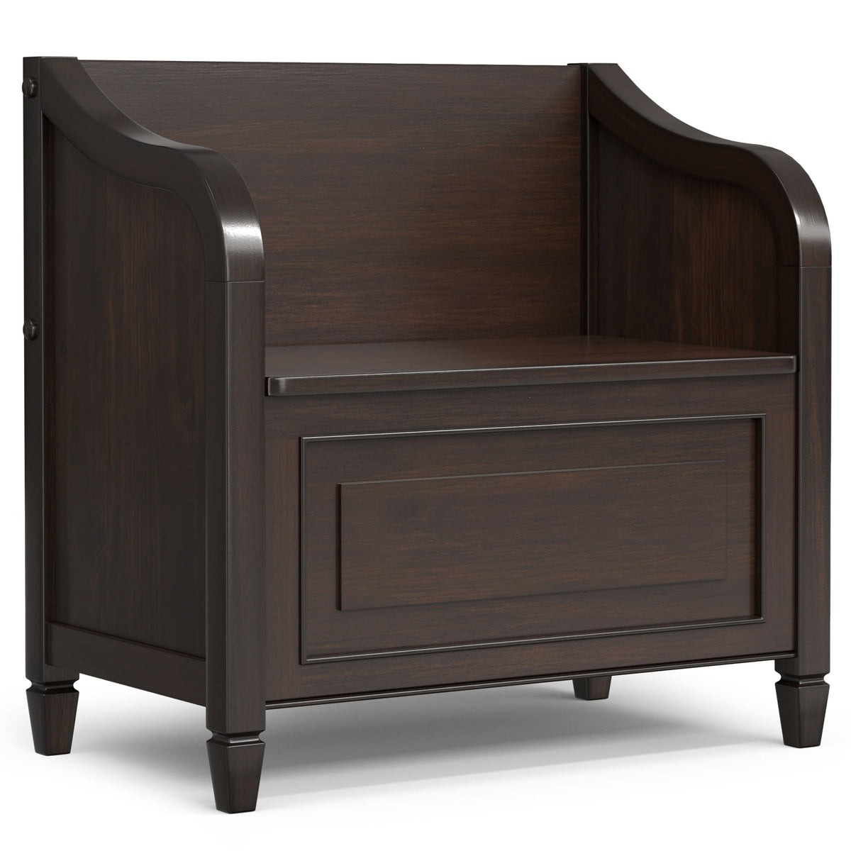 Dark brown storage bench side view with single drawer front and tapered legs