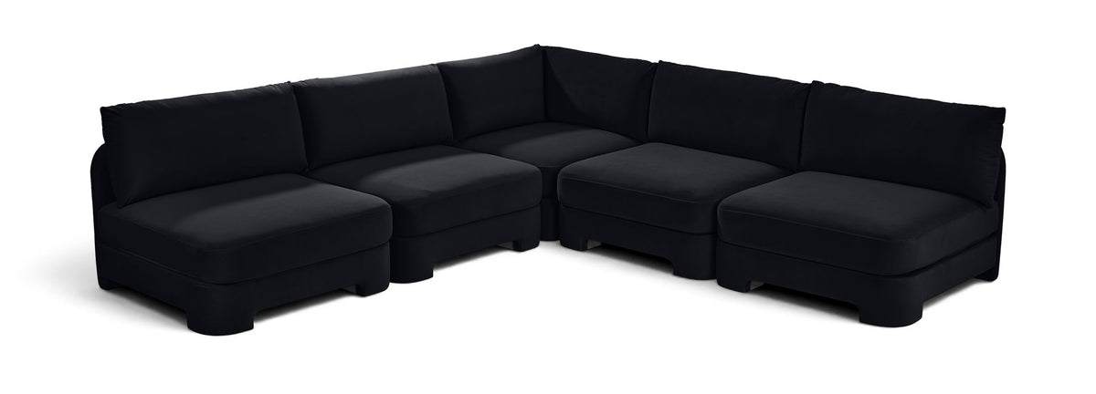 Black velvet 5-piece armless sectional sofa with corner and ottoman-style seats
